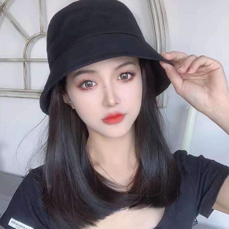 Bucket Hat Synthetic With Hair Cap  Short Straight Bob Fall Autumn Hat Wigs For Women Clip On Hair Extensions