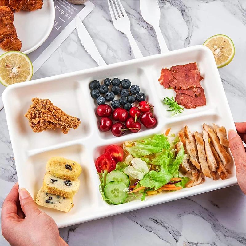 10/30Pcs Disposable Paper Plates, 5 Compartment School Lunch Trays, Compostable Bagasse Plates for Buffet Party