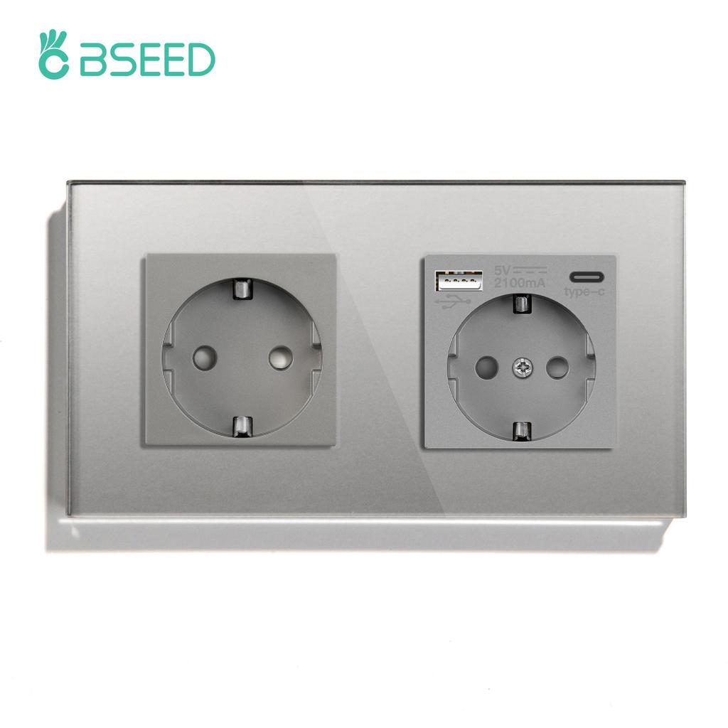 BSEED Double EU Wall Socket Type-c USB Power Sockets Android Apple Mobile Phone Charging Ports Glass Panel 16A