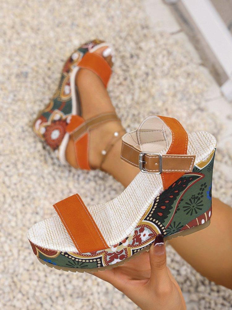

Large size ethnic wind slope heel fish mouth word belt sandals summer new hollow buckle belt women s shoes 43