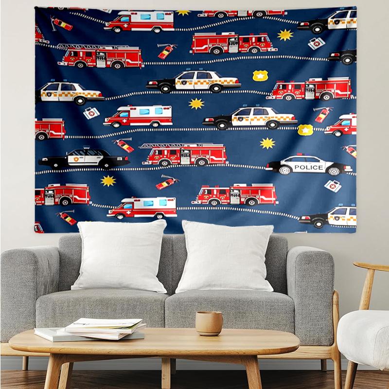 fire-truck Print Tapestry, Backdrop, Easy Setup, Ideal for Bedroom, Office & Living Room, with Aesthetic Wall Hanging Decor.