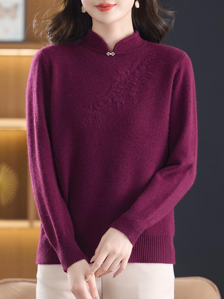 High-End Qipao Collar Women's Wool Sweater - Autumn/Winter Fashionable, Loose, Double-Strand for Mothers