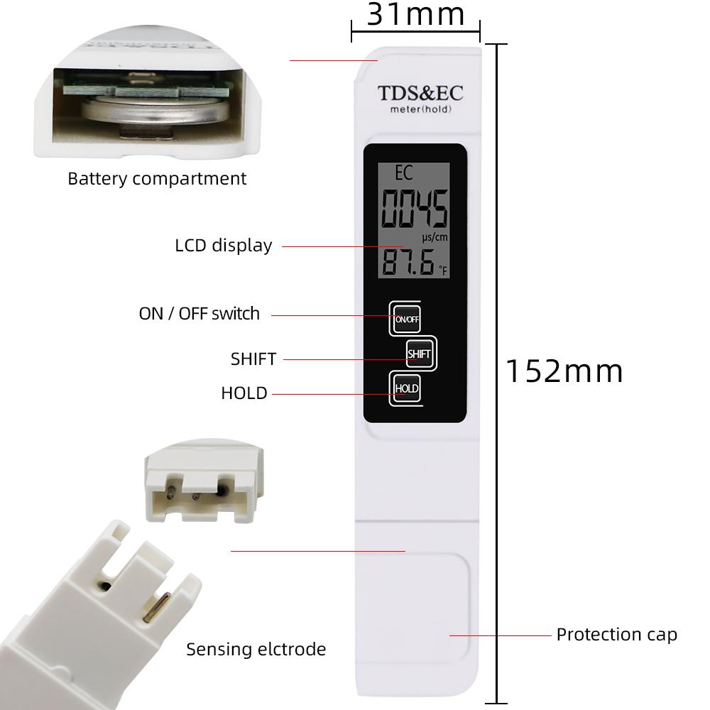 3 In 1 Digital Water Quality Tester EC TDS Meter Range 0-9990 Multifunctional Water Purity Temperature Meter for Drinking Pools