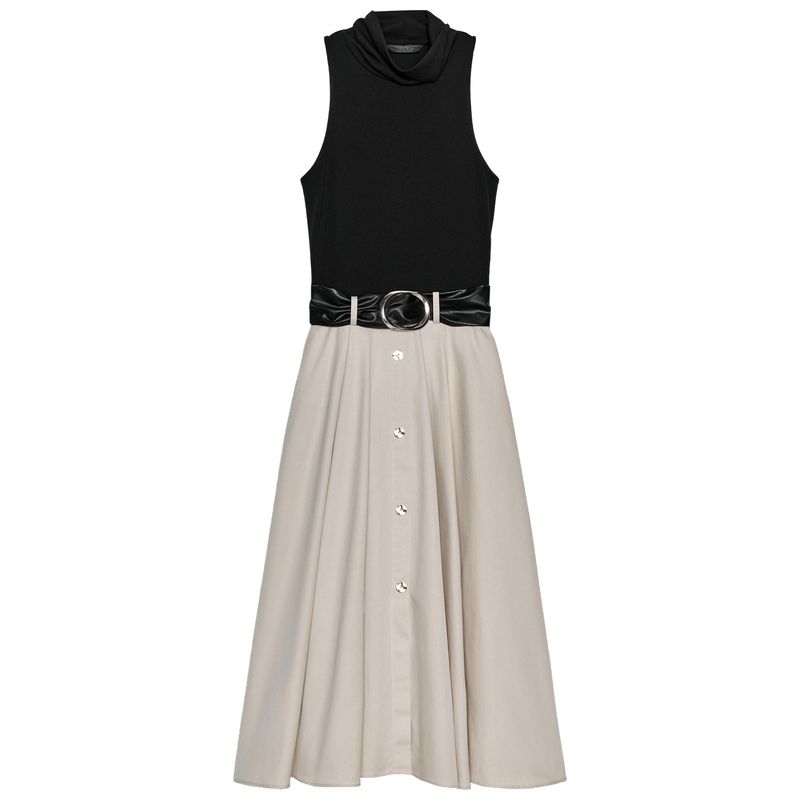 

Zaprha 2025 Autumn New Women Fashion Patchwork With Belt Stand Collar Sleeveless Midi Dress 0387156 Nude/Black L