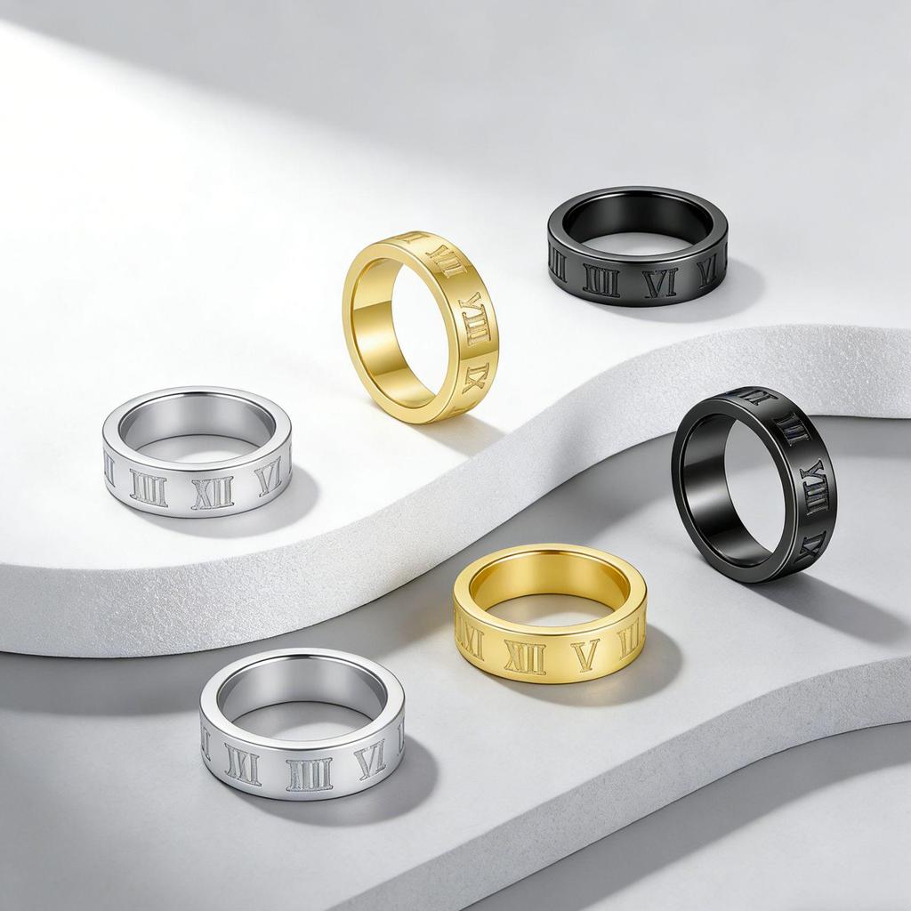 Trendy Men's Titanium Steel Roman Numerals Ring - Non-fading Vacuum Plated Jewelry.