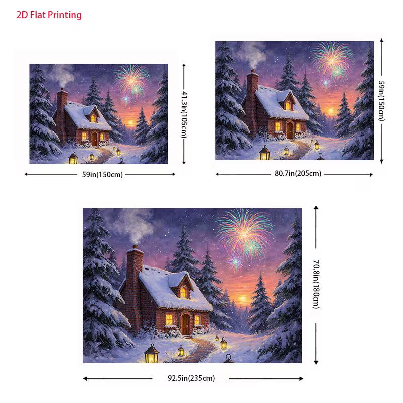 2D Winter Cottage Backdrop Snowy Pine Trees Holiday Party Background