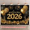 2D flat  2026 New Year Welcome banner  Golden balloons and fireworks party decoration polyester background