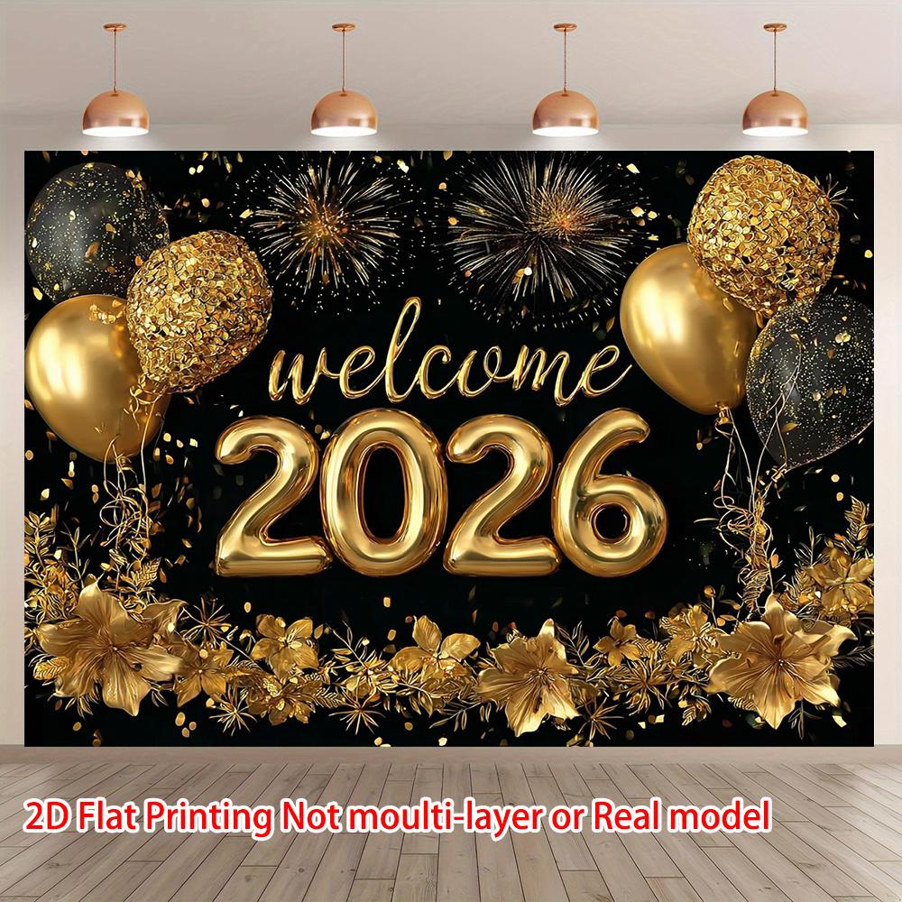 2D flat  2026 New Year Welcome banner  Golden balloons and fireworks party decoration polyester background