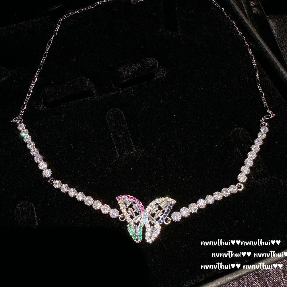 Italian Retro, Rouge Pink Bow, Gemstone Bracelet, Golden Butterfly, Colored Treasure Zircon Necklace, Set.