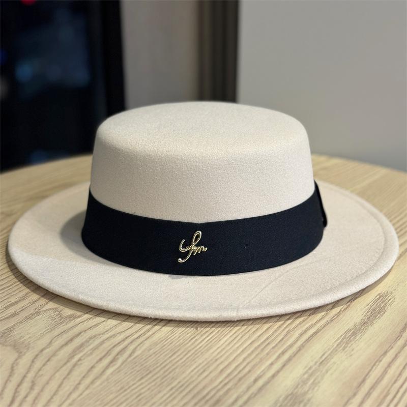 New Classic Flat Top Woolen Top Hat Female Autumn and Winter Socialite Style Bucket Hat British Fashion Versatile Felt Hat Trend