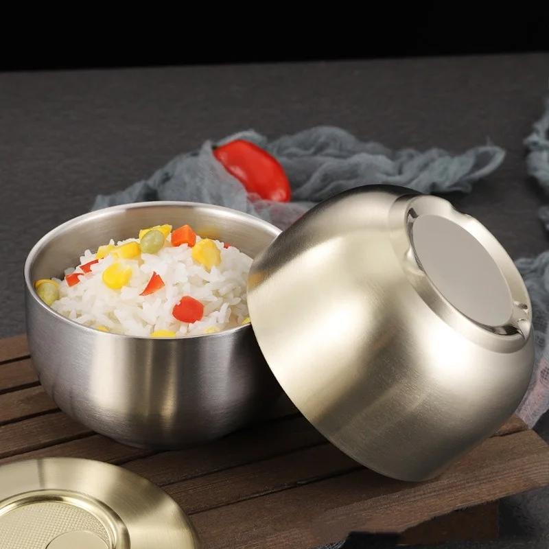 Sutra Kimchi Bowl 304 Stainless Steel Double Layer Rice Bowl With Lid Home Ramen Soup Bowl Children's Anti-Scalding Rice Bowls