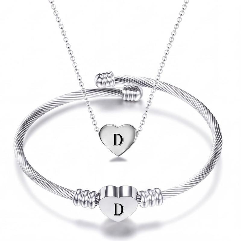 Diy 26 Letters Fadeless Stainless Steel Heart Pendant Necklace Bracelet Set For Women