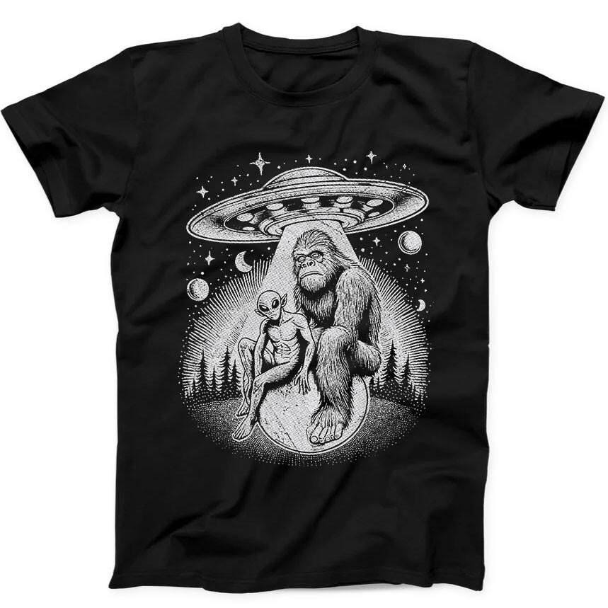 

Bigfoot Alien And UFO in Forest Night Believe Funny Gift Black T Shirt 226 3XL