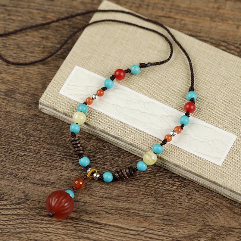 Vintage Nanhong agate necklace femininity long pendant Nepalese Tibetan adjustable collarbone chain summer