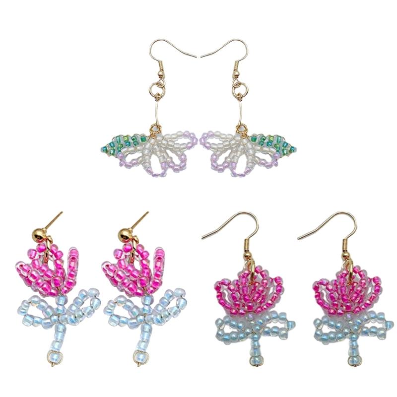 Glass Bead Floral Earrings Lightweight Ear Hooks/Ear Studs Allergy Free Glass Beaded Ear Pendants Handmade Ornament