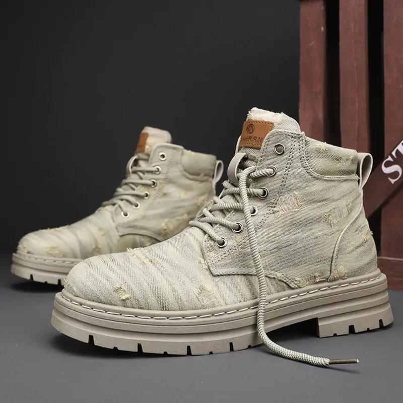 Shoes for Men Outdoor Male Booties Denim Boots Motorcycle Ankle Boots Fashionable Casual Retro British Style Work Boots  New