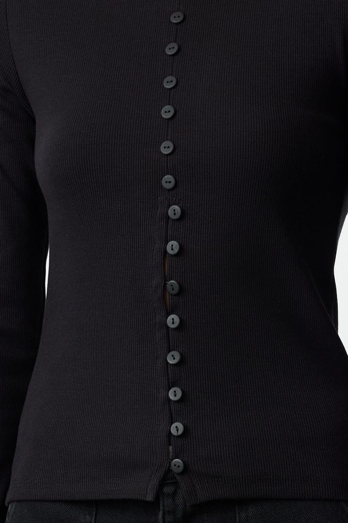 Women's Fashion Black Button Detailed Crew Neck Ribbed Flexible Regular Length Knitted Blouse