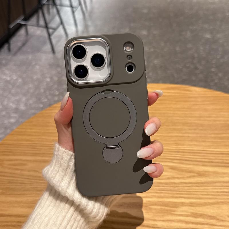 Rotating Bracket Phone Case For iPhone 17 16 15 14 13 Pro Max Luxury Liquid Silicone For Magsafe Magnetic Metal Cover