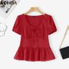VONDA Summer Women Lace-up V Neck Puff Sleeve Ruffled Casual Blouse