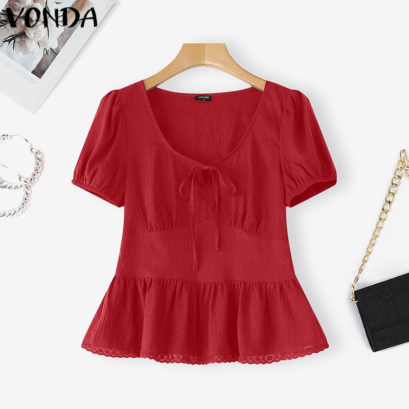 VONDA Summer Women Lace-up V Neck Puff Sleeve Ruffled Casual Blouse