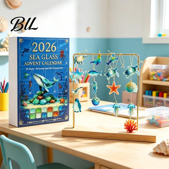 Hanging Ornaments for Tree Sea Life Advent Calendar 2026, 2D Christmas Countdown Box with Acrylic Decorations Ocean Animal Pendants, Festive