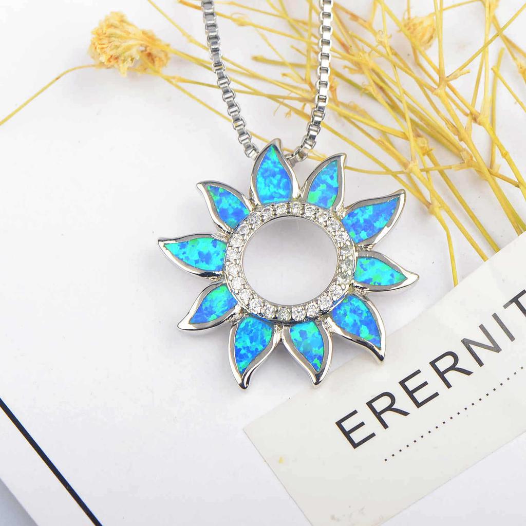 Aobao Fashion Colored Opal Sunflower Pendant Necklace with Copper Silver Plated Link Sweater Chain
