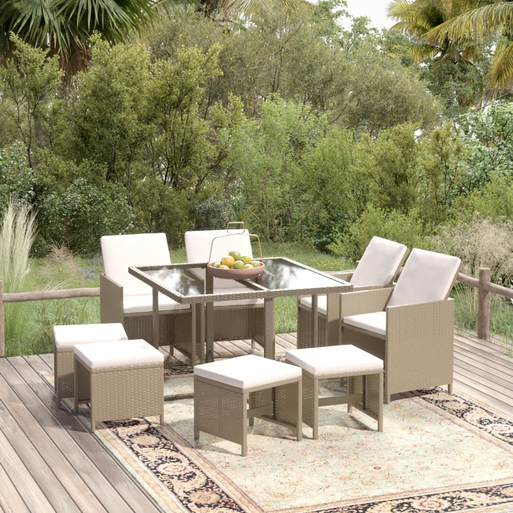 9 piece Garden Dining Set with Cushions Poly Rattan Beige
