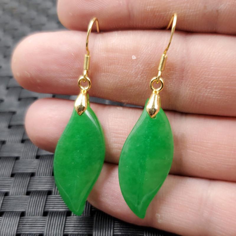 Emerald Green Jade Earrings with Golden Branches and Quartzite Jade Leaf Pendant. Gold variant