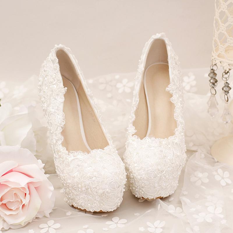 2025 new white heel waterproof table single shoes stiletto women's shoes lace flower pearl knot bridal shoes