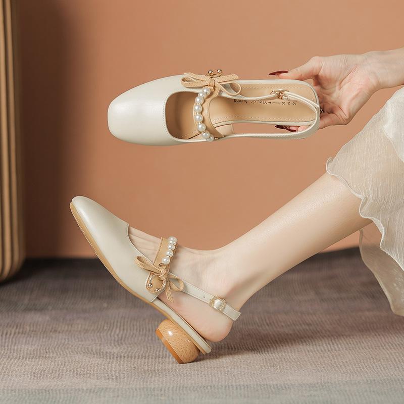 Fashion 2025 New Women Vulcanized Sandals Open Back Round Toe Pearl Bow 3cm Wooden Heel Fashion Casual Summer Shoes