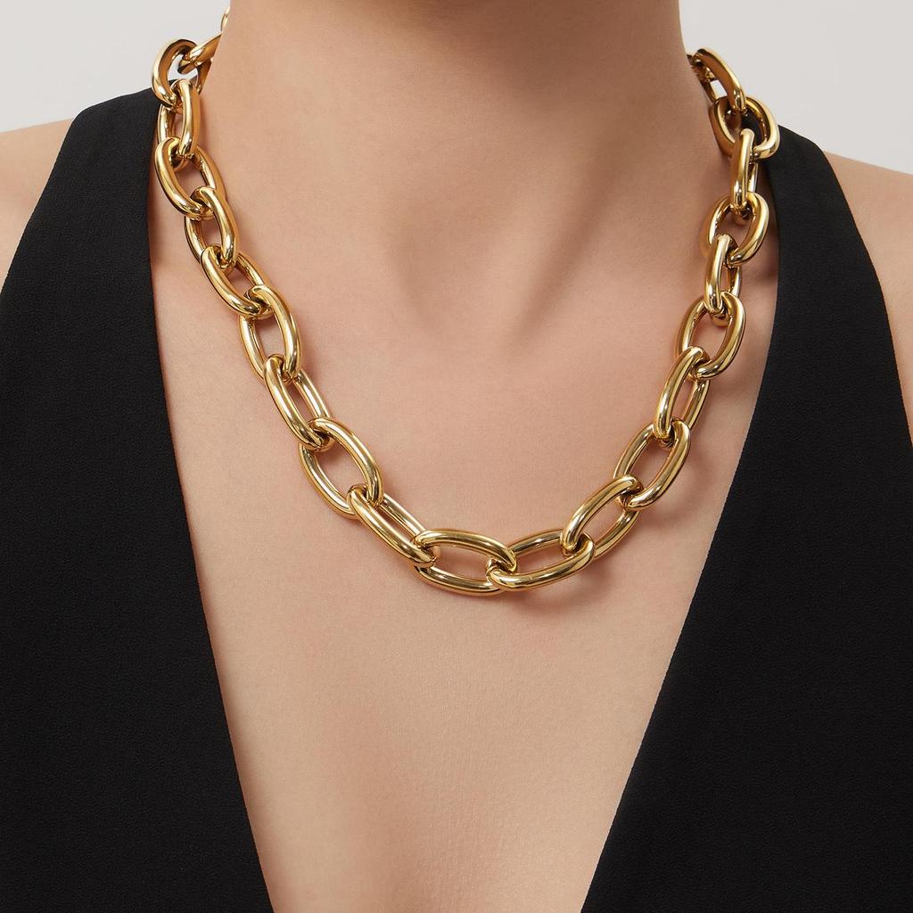 18K Gold-Plated Hip Hop Chain Necklace & Bracelet Set - European & American Style, Stainless Steel, Simple Luxury