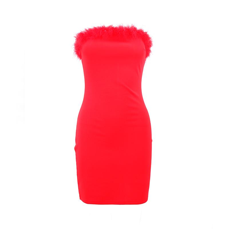 Women s Sexy Feather-covered Plunging Fitted Halter Dress L
