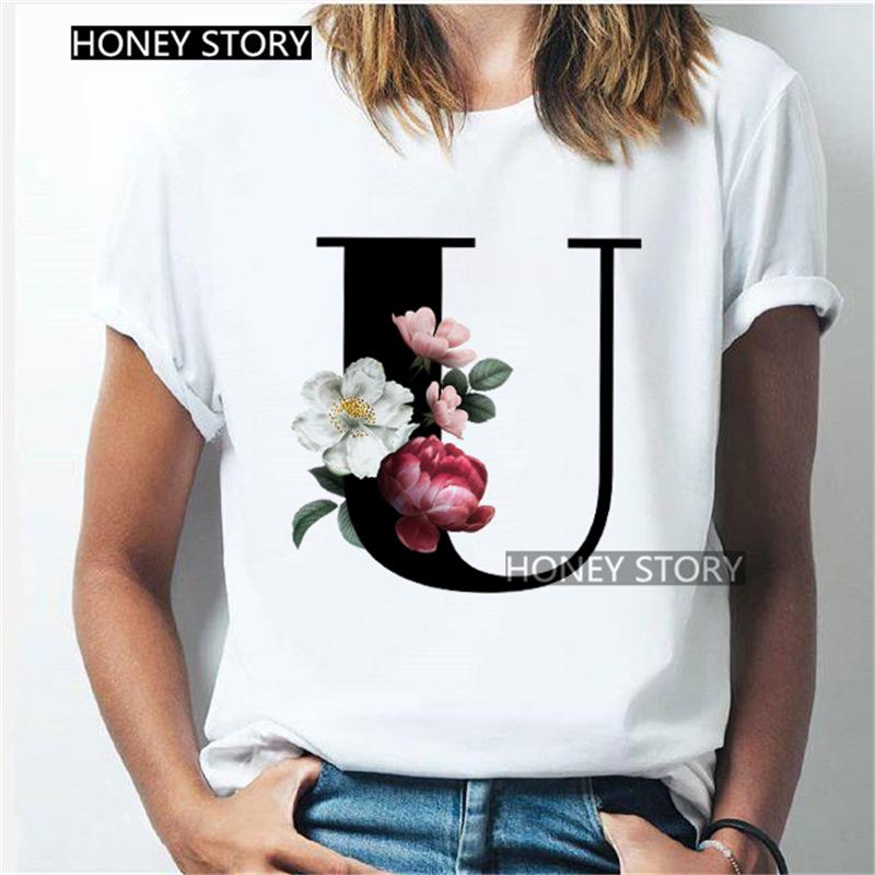 Kawaii English Alphabet Flowers Graphics Female T-Shirt 90S Summer Loose Short Sleeve Round Neck Female Tops Clothing