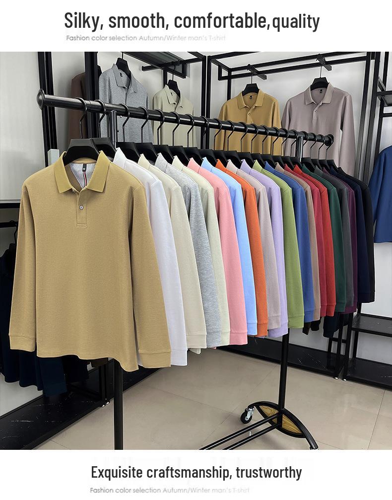 Polo da uomo in cotone a tinta unita - Top casual a maniche lunghe