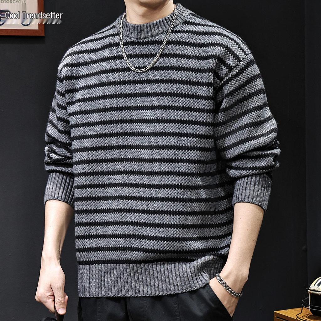 2025 Men's American-Style Striped Knit Sweater: Round Neck, Thick, Plus Size, Warm Autumn/Winter Layer