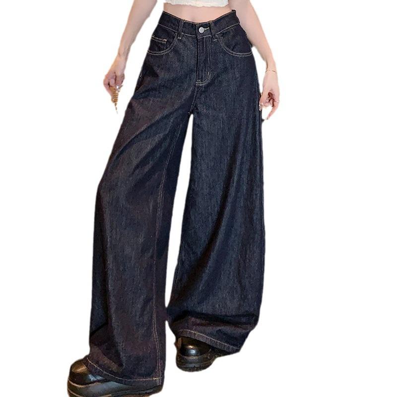 Women's Summer 2024 Retro High-Waisted Dark Wash Wide-Leg Jeans