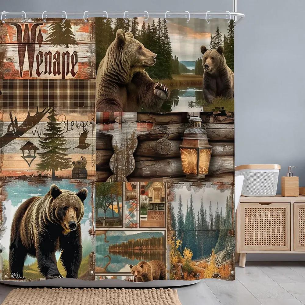 Vintage Lattice Outdoor Camping Shower Curtain Bear Deer Forest Rustic Wooden Panels Shower Curtains Bathroom Decor With Hooks