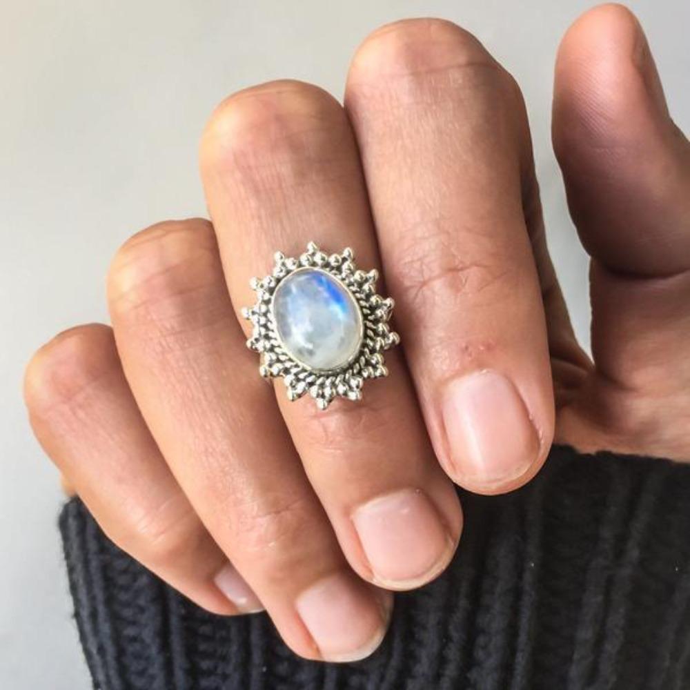 Elegant Moonstone Ring for Women Vintage Thai Silver Jewelry with Oversized Cabochon Stone Unique Gift