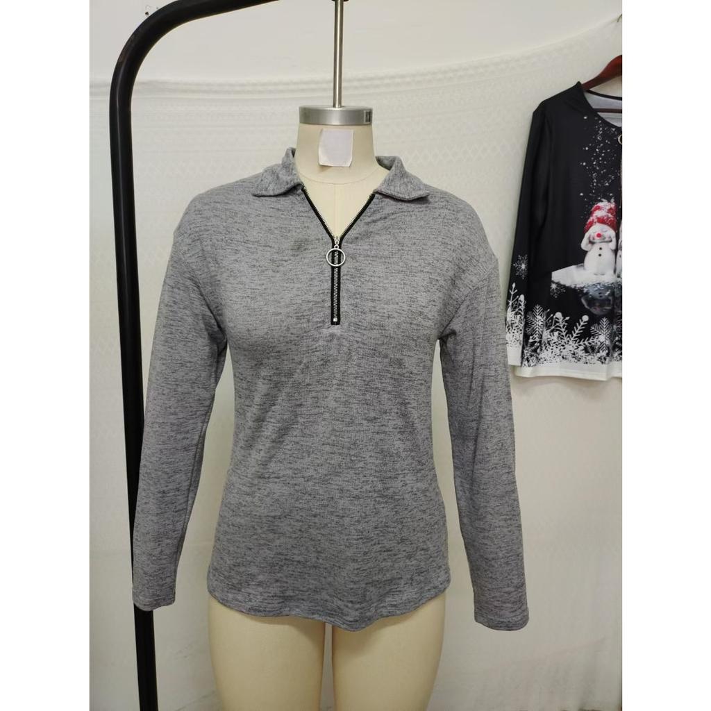Autumn and Winter Knitted Fabric Lapel Zipper Casual Women's Pullovers & Long Sleeves