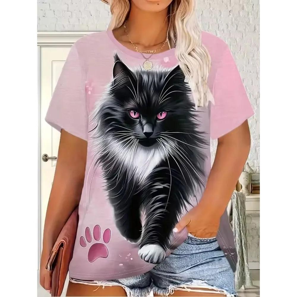 Dames T-shirt 3D Patroon Gedrukt Casual Korte Mouw Ronde Hals Top Modieuze Straat Dameskleding