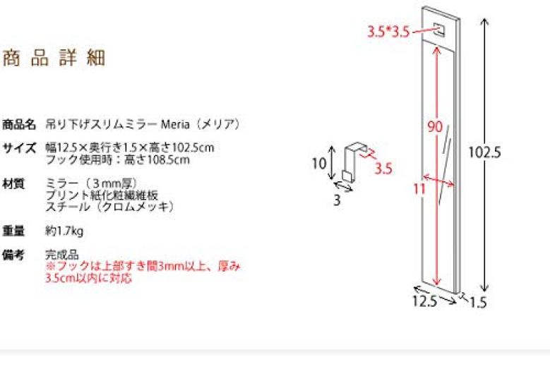 Miyatake Manufacturing Wandspiegel Meria Breite x Tiefe x Höhe cm Hängetyp 12,5 102,5 1,5 AR-MR02