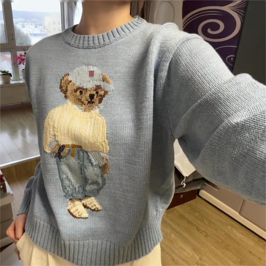 Женский свитер одежда вышивка медведя круглый вырез облегающий свитер мультяшный стиль колледжа вязаный оверсайз L серый