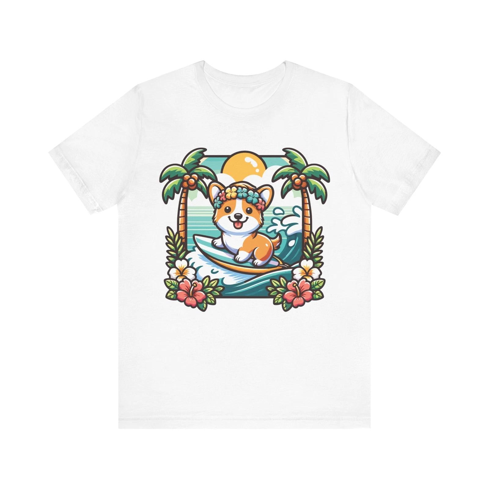 Kawaii Corgi Surfing Shirt Cute Tropical Beach Dog Aesthetic T-Shirt M