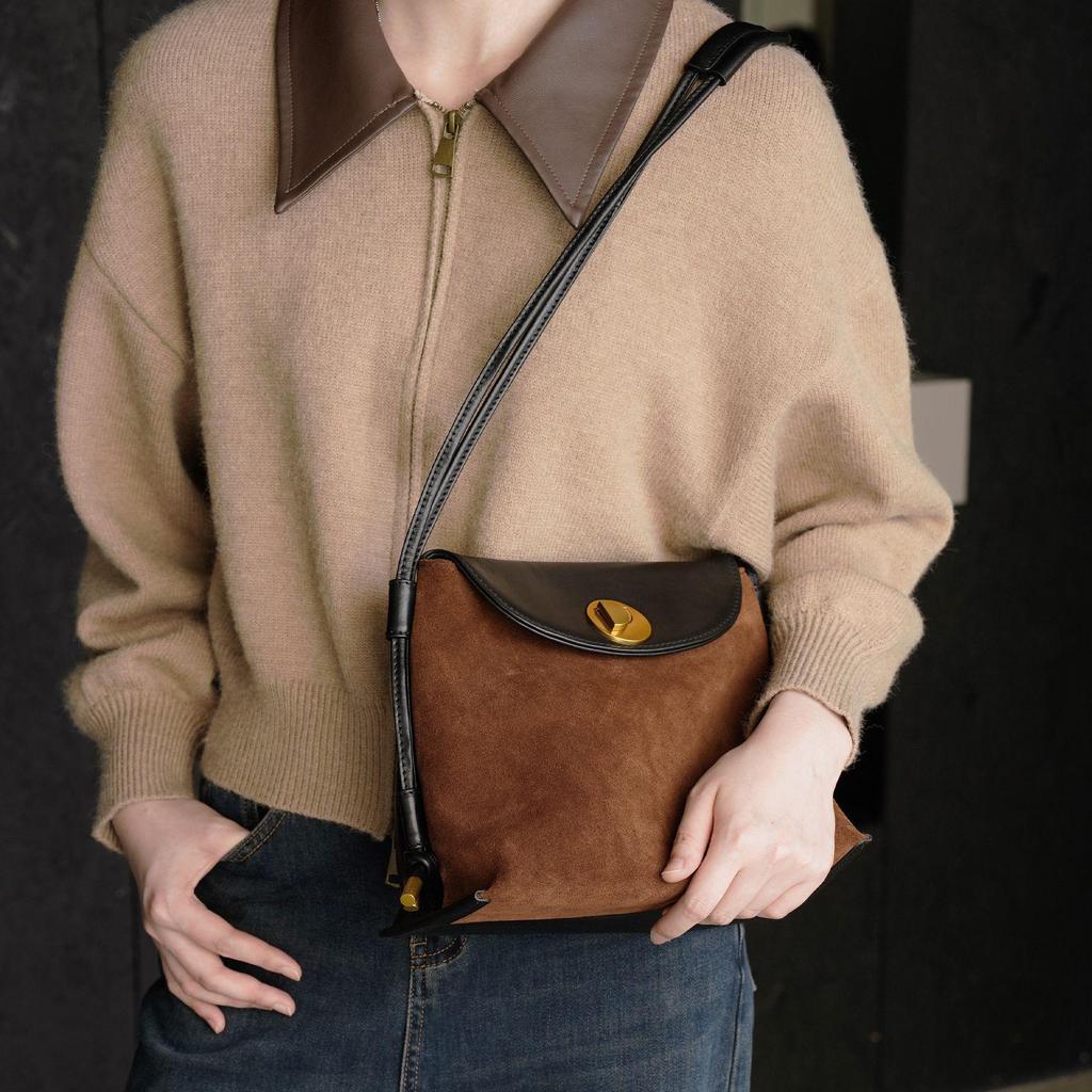 Women's Genuine Leather Suede Patchwork Crossbody Bag - Casual, Fashionable, Versatile Shoulder Bag