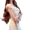French Lace Ruffle Edge Slanted Shoulder Short Sleeve Women's Pure Desire Sexy Niche Off-the-shoulder Pleated Slim-fit Student Top