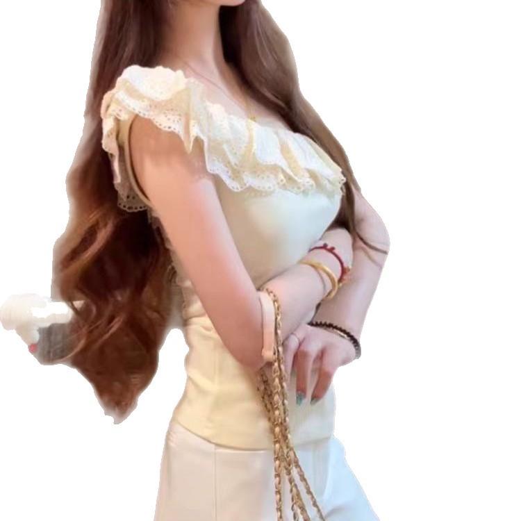 French Lace Ruffle Edge Slanted Shoulder Short Sleeve Women's Pure Desire Sexy Niche Off-the-shoulder Pleated Slim-fit Student Top