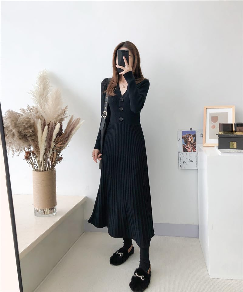 Knit Long Sleeve Elegant High Medium Relaxed Slimming Simple Black [JINJUDUO] Women's Dress, Autumn/Winter, V-Neck, Sweater, Dress, Waist, A-Line,