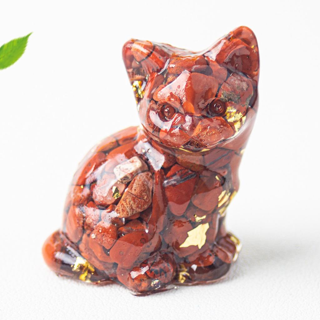 Natural Crystal Gravel Resin Sitting Turning Face Cat Figurine With Gold Foil Cute Desktop Decor For Home Office