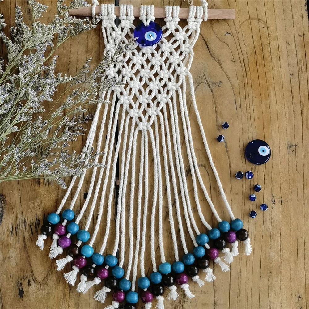 Bohemian Macrame Evil Eye Wall Hanging, Handmade Cotton Rope Decor With Turkish Nazar Amulet, Boho Home Wall Art