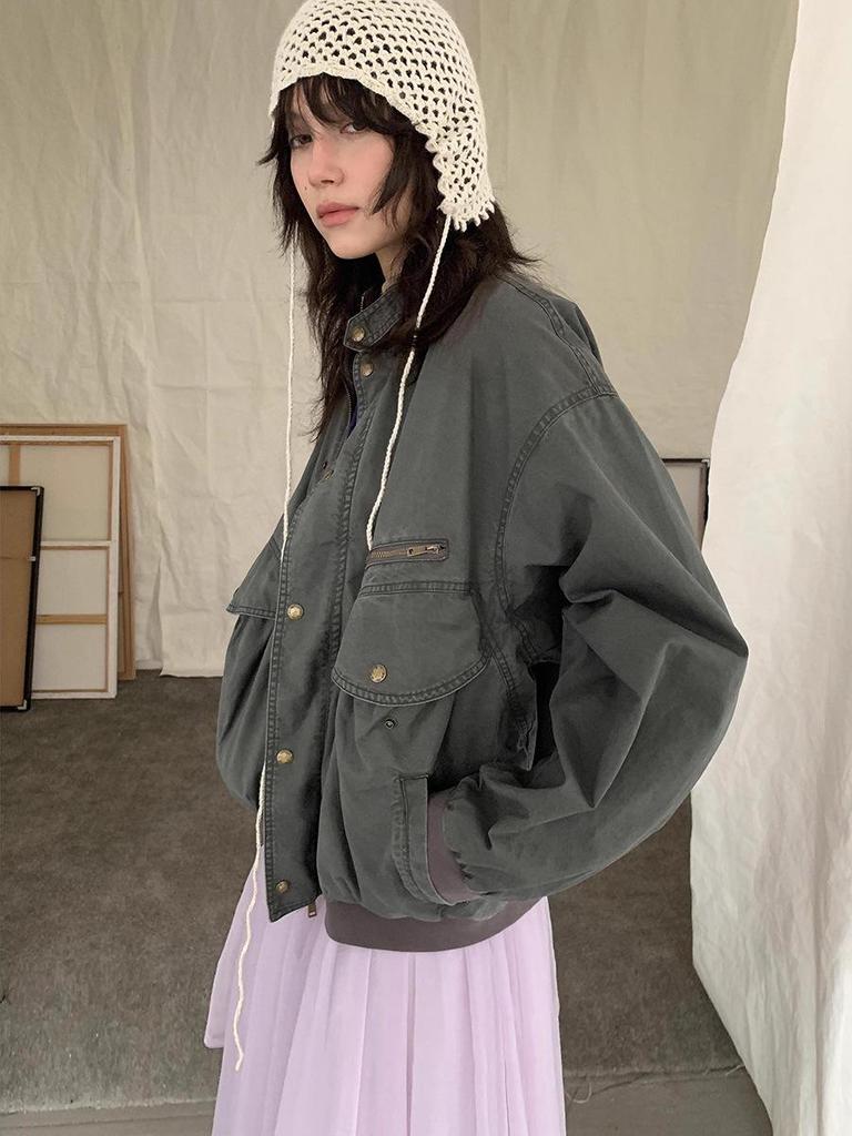 PLUS Vintage Washed Cotton Women's Jacket, Fall 2025 New Loose Stand Collar Workwear.